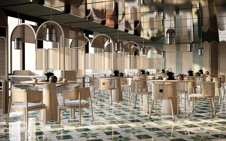 Elegant Restaurant Interior With Arched Partitions Chandeliers Round Wooden Tables Green Tiles And Mirrored Ceiling 3d model 