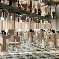 Elegant Restaurant Interior With Arched Partitions Chandeliers Round Wooden Tables Green Tiles And Mirrored Ceiling