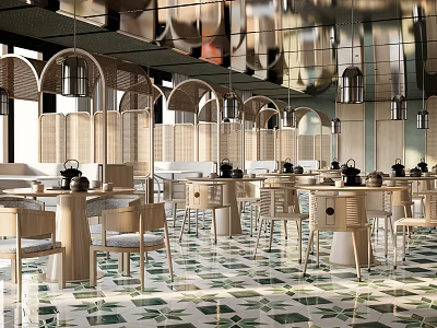 Elegant Restaurant Interior With Arched Partitions Chandeliers Round Wooden Tables Green Tiles And Mirrored Ceiling 3d model