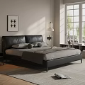 Modern Black Leather Double Bed With Light Colored Bedding Nightstand And Wall Art