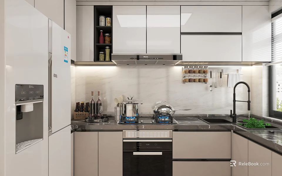 Modern Kitchen Interior With White Cabinets Refrigerator Stove Sink And Range Hood 3d model 