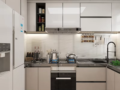 Modern Kitchen Interior With White Cabinets Refrigerator Stove Sink And Range Hood 3d model