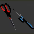 Two Crossed Scissors With Red And Blue Handles And Metal Blades On Dark Background