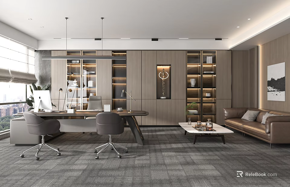 Modern Office Interior Design With Wooden Bookshelves Desk Chairs And Sofa 3d model 