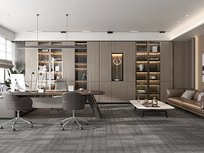 Modern Office Interior Design With Wooden Bookshelves Desk Chairs And Sofa 3d model