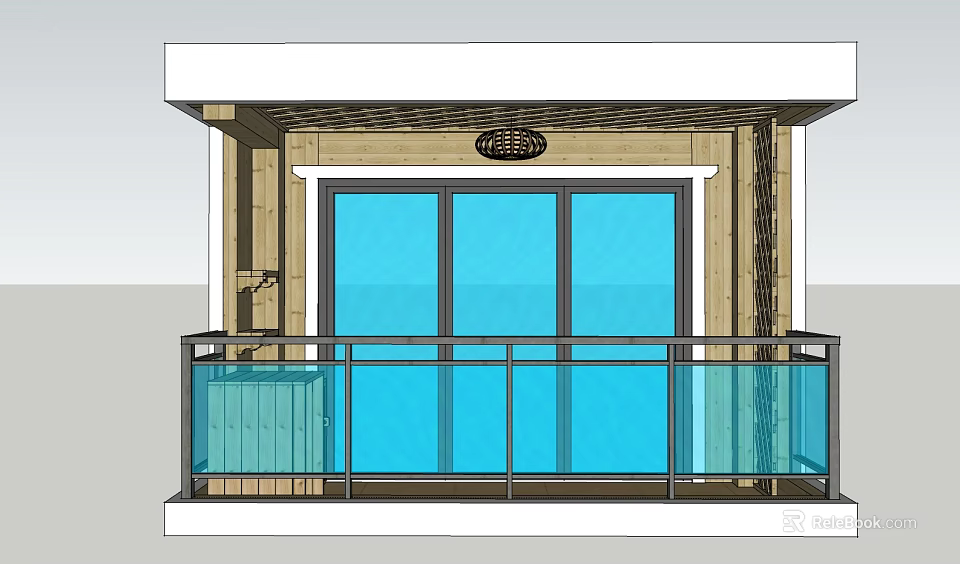 Modern Balcony Railing Design With Glass Panels And Wooden Frame Elements 3d model