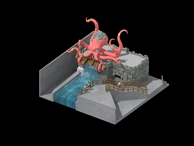Cartoon Scene With Pink Octopus Stone Bridge Water Stream Stone Structure And Small Figures 3d model