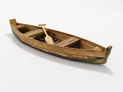 Handcrafted Wooden Boat Model With Oar And Natural Wood Grain Details 3d model