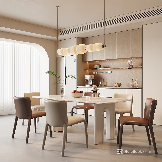 Modern Dining Room With White Table Beige Brown Chairs Pendant Lights Cabinets And Green Plant 3d model 
