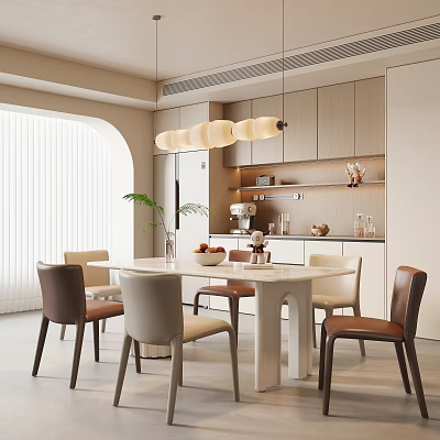 Modern Dining Room With White Table Beige Brown Chairs Pendant Lights Cabinets And Green Plant 3d model