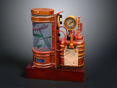 Vintage Brass Apparatus with Glass Container Flower Design Clock and BIBLE Label on Wooden Base 3d model