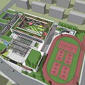Modern School Building With Green Roof And Outdoor Courtyard For Student Activities