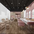 Stylish Beauty Hair Salon Interior with Pink Stools White Counter Beige Recliners and Wooden Flooring