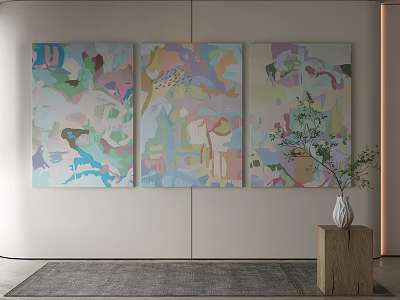 Colorful Abstract Paintings On White Wall With Green Plant And Wooden Stand 3d model