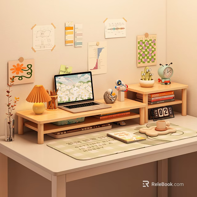 Wooden Desk Storage Shelf With Laptop Lamp Books And Small Plant Decorations 3d model 
