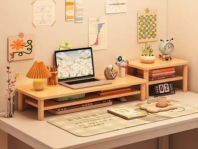 Wooden Desk Storage Shelf With Laptop Lamp Books And Small Plant Decorations 3d model