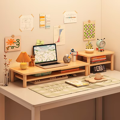 Wooden Desk Storage Shelf With Laptop Lamp Books And Small Plant Decorations 3d model