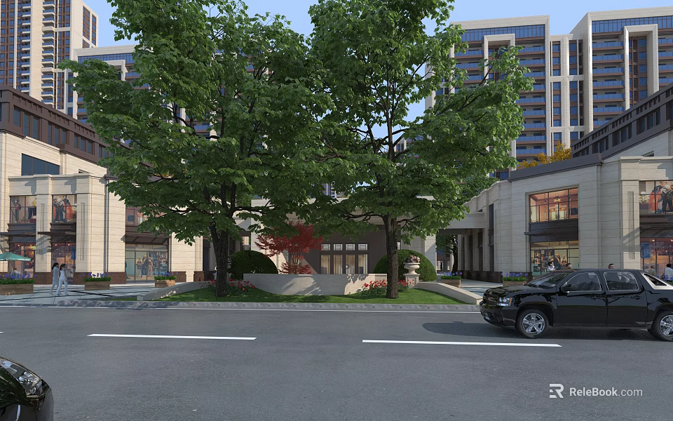 Modern Entrance Gate With Large Trees And High Rise Buildings Nearby 3d model 