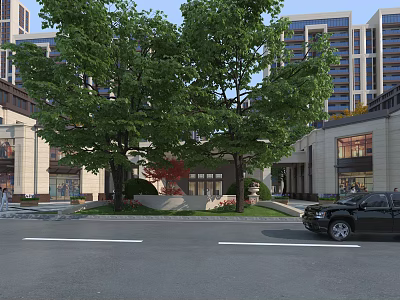 Modern Entrance Gate With Large Trees And High Rise Buildings Nearby 3d model