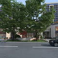 Modern Entrance Gate With Large Trees And High Rise Buildings Nearby