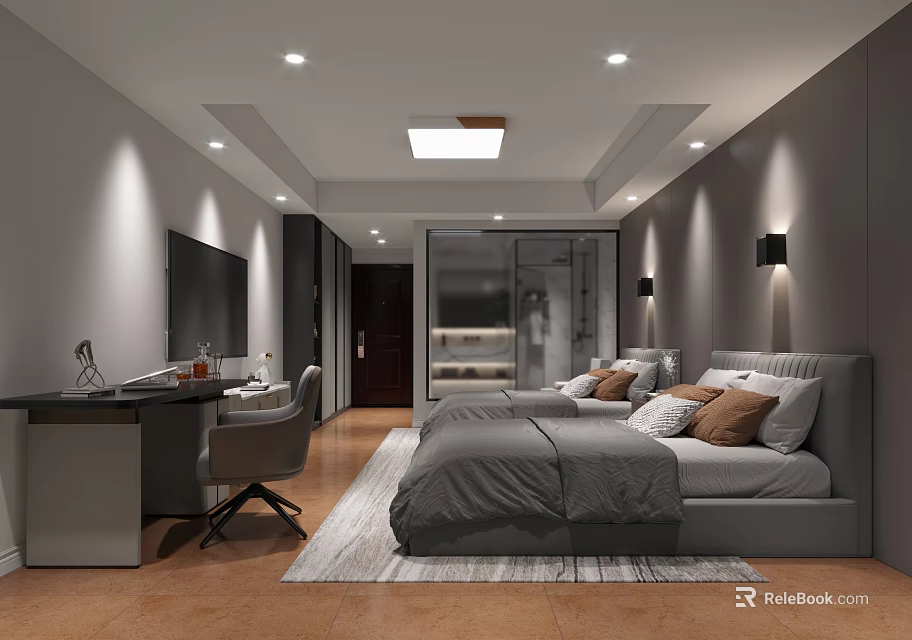 Modern Hotel Guest Room With Gray Bed Desk TV Area Rug And Ambient Lighting 3d model 