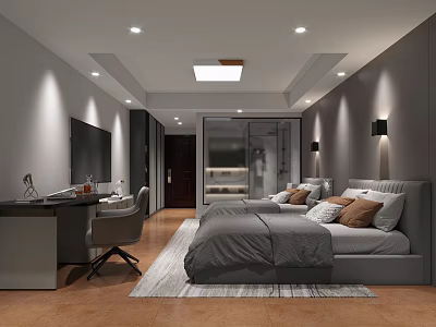 Modern Hotel Guest Room With Gray Bed Desk TV Area Rug And Ambient Lighting 3d model