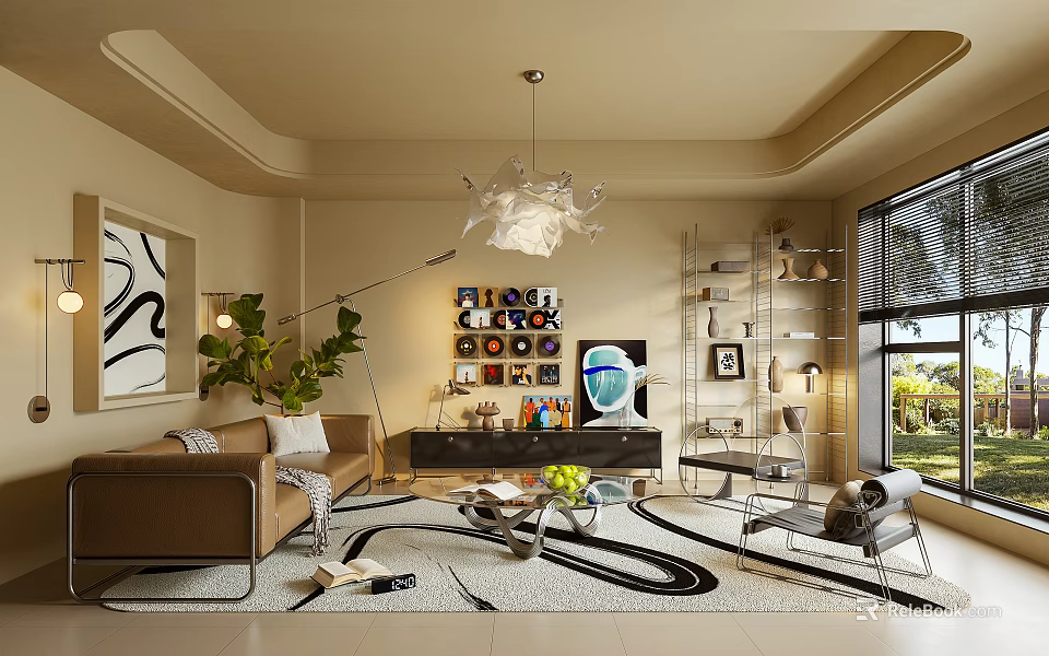 Modern Warm Cream Tone Living Room With Leather Sofa And Unique Artistic Vinyl Decorations 3d model 