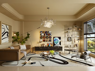 Modern Warm Cream Tone Living Room With Leather Sofa And Unique Artistic Vinyl Decorations 3d model