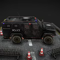 Tactical Police Armored Vehicle Parked With Traffic Cones And Barriers