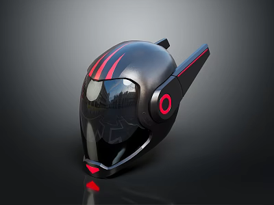 Futuristic Black Helmet With Red Stripes Circular Accents And Transparent Visor 3d model