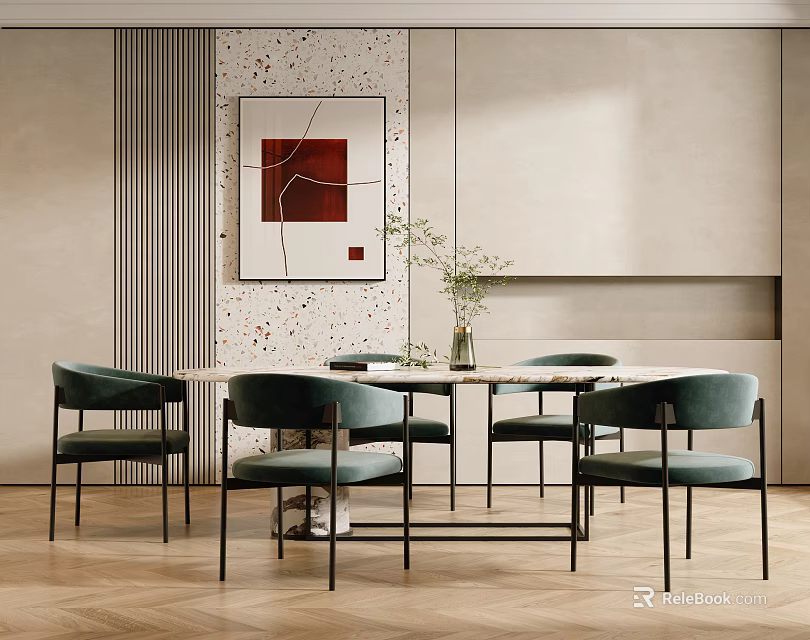 Modern Restaurant Interior With Green Chairs Round Table Decorative Painting And Plant Vase 3d model 