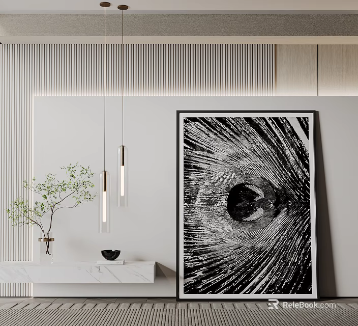 Modern Interior With Artwork Pendant Lights And Green Plant 3d model 