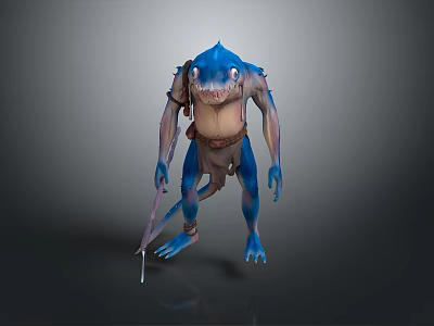 Blue Shark Headed Mythical Creature 3D Character With Armor Like Details And Weapon In Standing Pose 3d model