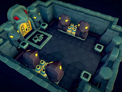 Green Dragon Guarding Ancient Stone Chamber With Skull And Glowing Eyed Creatures 3d model