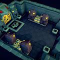 Green Dragon Guarding Ancient Stone Chamber With Skull And Glowing Eyed Creatures
