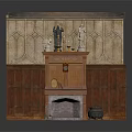 Classic Vintage Fireplace Interior With Wooden Mantel Carved Paneling And Decorations