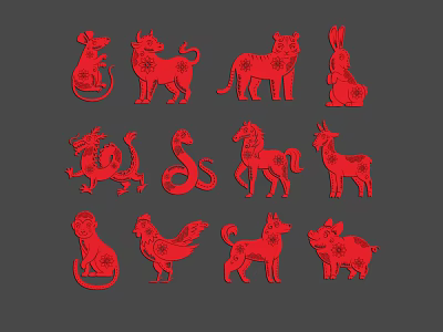 Set Of 12 Traditional Chinese Zodiac Animal Paper Cut Artworks In Red 3d model