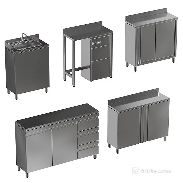 Sturdy Stainless Steel Worktables And Cabinets With Sink Drawers And Doors 3d model 