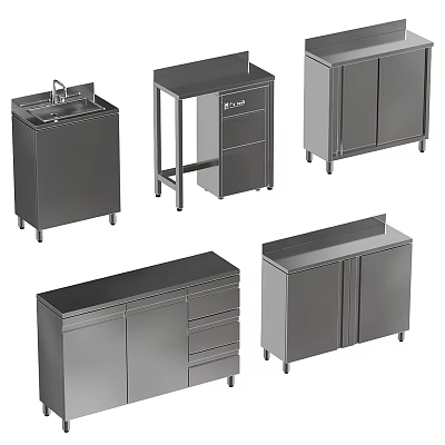 Sturdy Stainless Steel Worktables And Cabinets With Sink Drawers And Doors 3d model