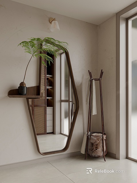 Irregular Shaped Mirror In Modern Interior With Plant Shelf And Coat Rack 3d model 