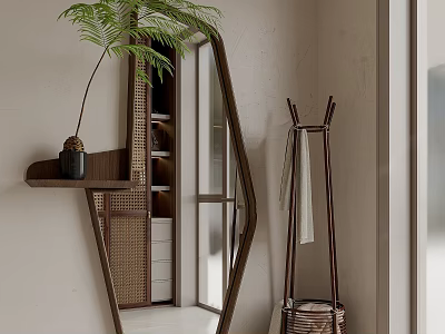 Irregular Shaped Mirror In Modern Interior With Plant Shelf And Coat Rack 3d model
