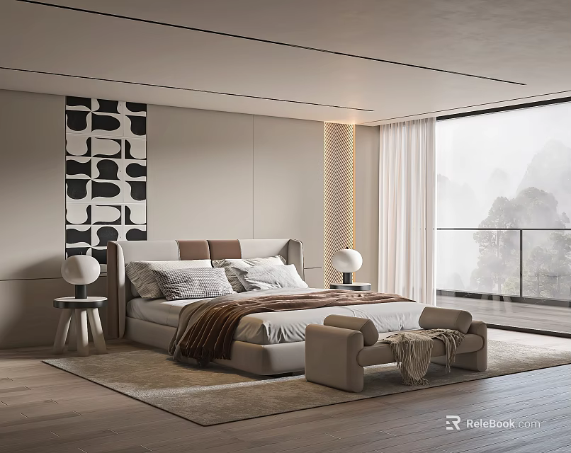 Modern Bedroom Interior With Large Bed Geometric Decor And Floor to Ceiling Window 3d model 