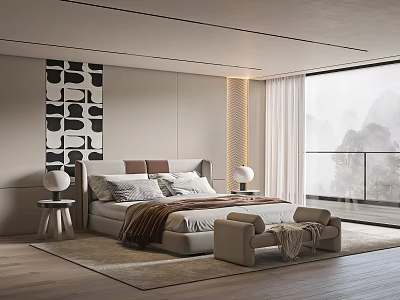 Modern Bedroom Interior With Large Bed Geometric Decor And Floor to Ceiling Window 3d model
