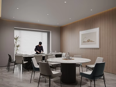Elegant Modern Restaurant Interior Featuring Round Dining Table Chairs Wooden Walls Window Blinds And Artwork 3d model