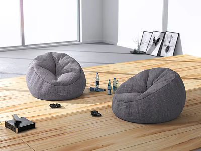 Gray Fabric Bean Bag Chairs For Comfortable Seating In Modern Living Room With Wooden Floor 3d model