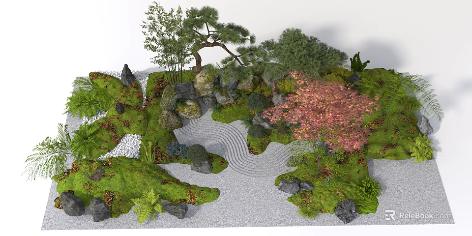 Japanese Zen Garden Themed Wall Decor with Stone Moss and Pine Tree Accents 3d model 