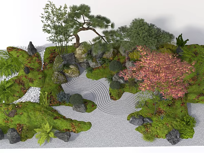 Japanese Zen Garden Themed Wall Decor with Stone Moss and Pine Tree Accents 3d model