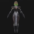 Woman With Green Hair Wearing White Bodysuit And Silver Gold Mechanical Armor Against Black Background