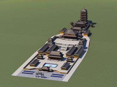 Ancient Chinese Historical Architectural Complex With Traditional Pagoda Courtyard Classical Buildings And Pond 3d model