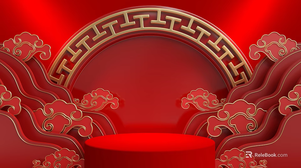 Traditional Style Display Shelf With Red Background Gold Patterns And Circular Arch 3d model